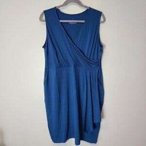 Betabrand Faux-Wrap Dress Blue Opal Pockets Stretch‎ Size 2X New Art Deco